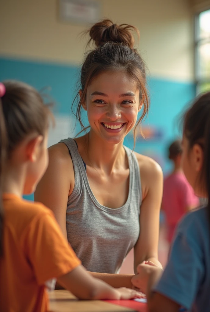 30-year-old girl - Iranian - blogger and fashion designer - brown hair - is at the basketball club and exercising - wearing a blue Adidas sports t-shirt - tired and the armpits of her clothes are sweaty and wet from exercise. He takes a selfie and smiles