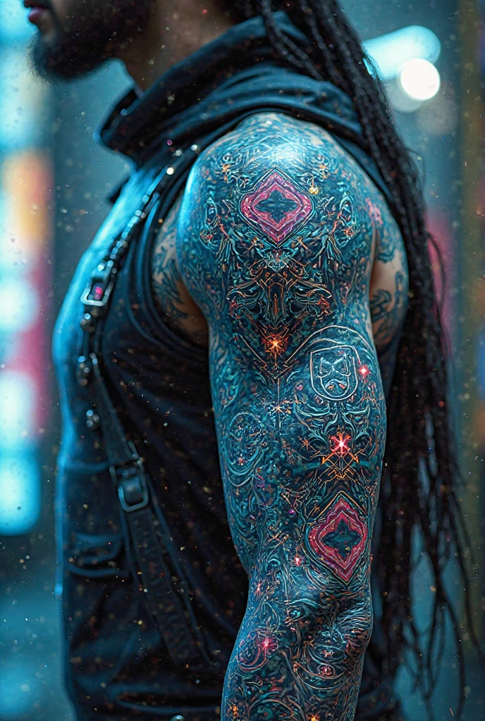 tatouage dans le dos, Very finely executed mathematical fractal tribal tattoo, fine and very precise tattoo, electric blue glow in the dark tattoo, (flocon de Koch, ensemble de Mandelbrot, ensemble de Julia), ((fond uni, hyperRéaliste, masterpiece, romantique, fractal uniquement dans le dos, lightly outlined spine))