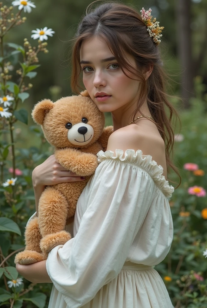 A girl with orange angel wings, riding a bear on the steppe, sticking out her tongue, posing, holding a teddy bear, sunlight shining on her face, eyes looking straight ahead, hair dotted with daisies , skin as white as a peeled egg, long black braided hair, with perky, seductive breasts, orange Lace Lingerie outfit, posing, surrounded by a hill of sunflowers