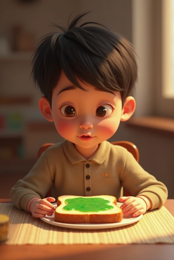 A child eating a thin cookie with holes that says Maria Puig sitting at a desk at school in the background has the logo of Venezuelan Puig cookies 
