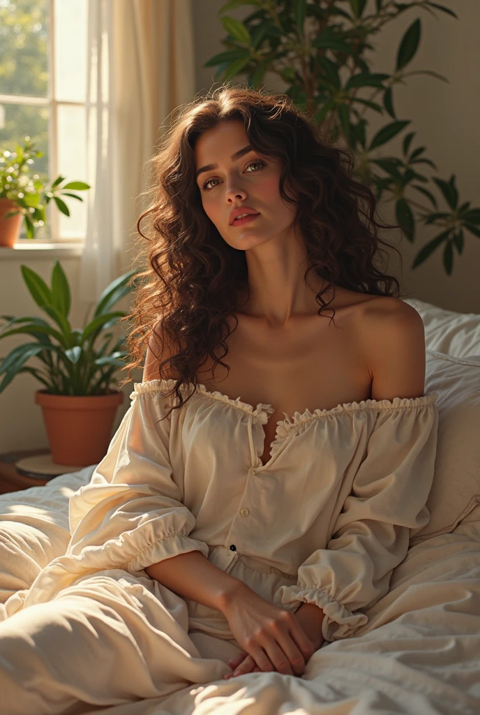 (photorealism:1.2), beautiful woman, sitting on bed, wearing loose off-shoulder top, pajama pants, long curly hair, indoors, soft lighting, plants in background, window with sunlight, cozy room, relaxed pose, realistic, intricate details, warm colors, by Greg Rutkowski, by Alphonse Mucha