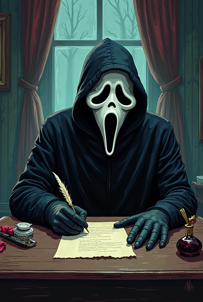 draw a drawing in the proportions 2000x 2000, with a completely white background, colored in the cartoon style of the character from the film Scream, sitting on a bench calmly reading a newspaper, with his scythe