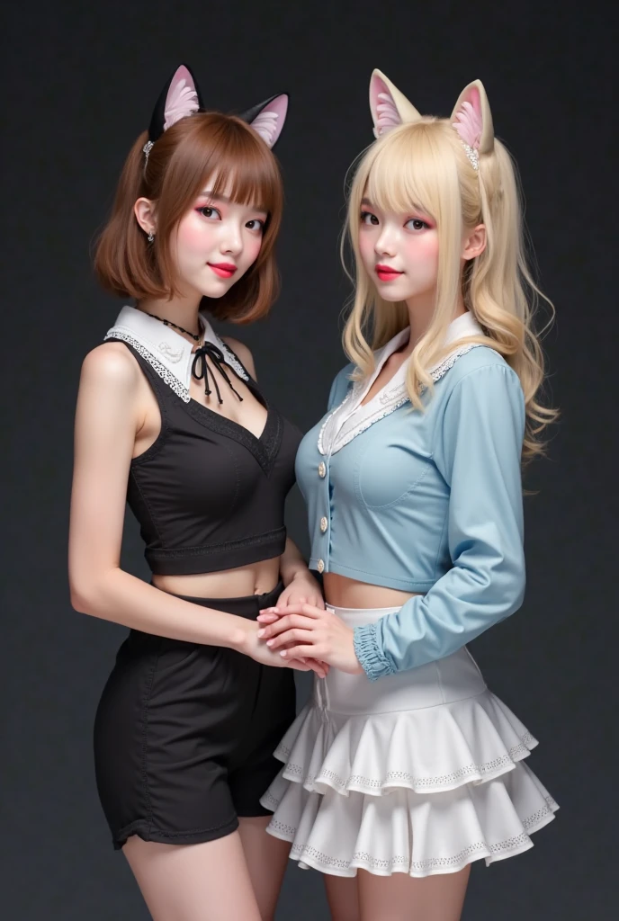 masterpiece,best quality,ultra-detailed,High detail,realistic,2 girls,ornate,looking at viewer,slim butt,full body portrait,smile,skinny,perfect skin,jpop,Earrings,detailed clothes,((black suit,red tie)),detailed face,white lace neck ring,metal steel building:1.4,((wide angle)),detailed face,hayasaka_ai,blue_scrunchie,short hair,blue_eyes,hair_between_eyes, side_ponytail,(blonde_hair:1.2),sidelocks,