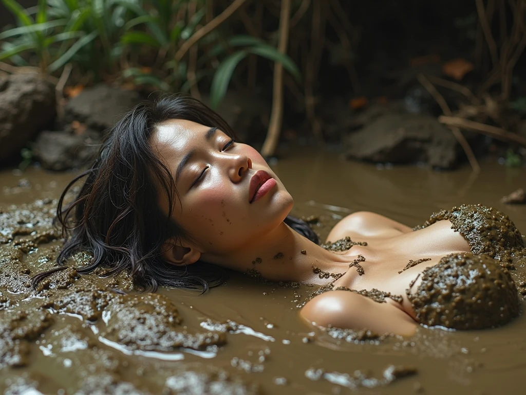 Beautiful Thai woman, completely naked, sitting in the mud, 20 years old, dirty face, sexy, rice balls, cute, wet body, farmer, body fully clothed, rice field, rice transplanting