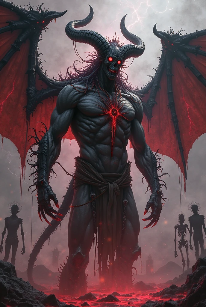 A monstrous angel deformed man with disgusting tentacles and torn wings, night, dark environment, darkness, fog, blood