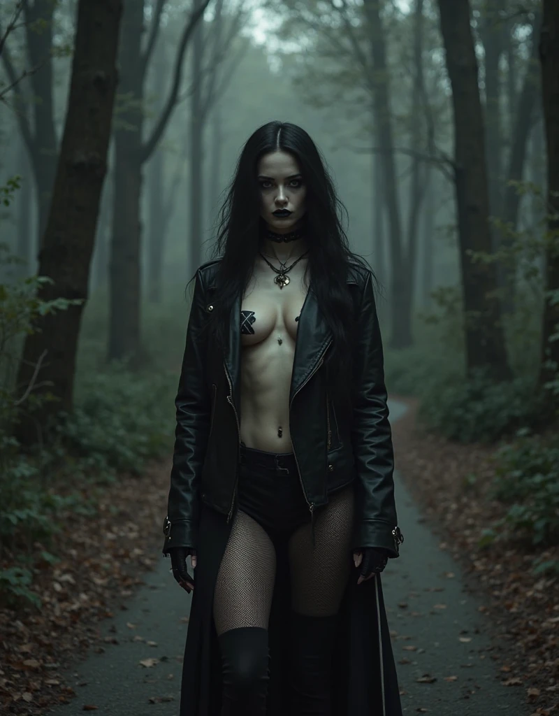 woman, sexy short down jacket, information pointer "RITUAL DROWNING PLACE VICTIMS ONLY", flared jeans, stuck in bog, ritual hairdress,makeup.collar only 