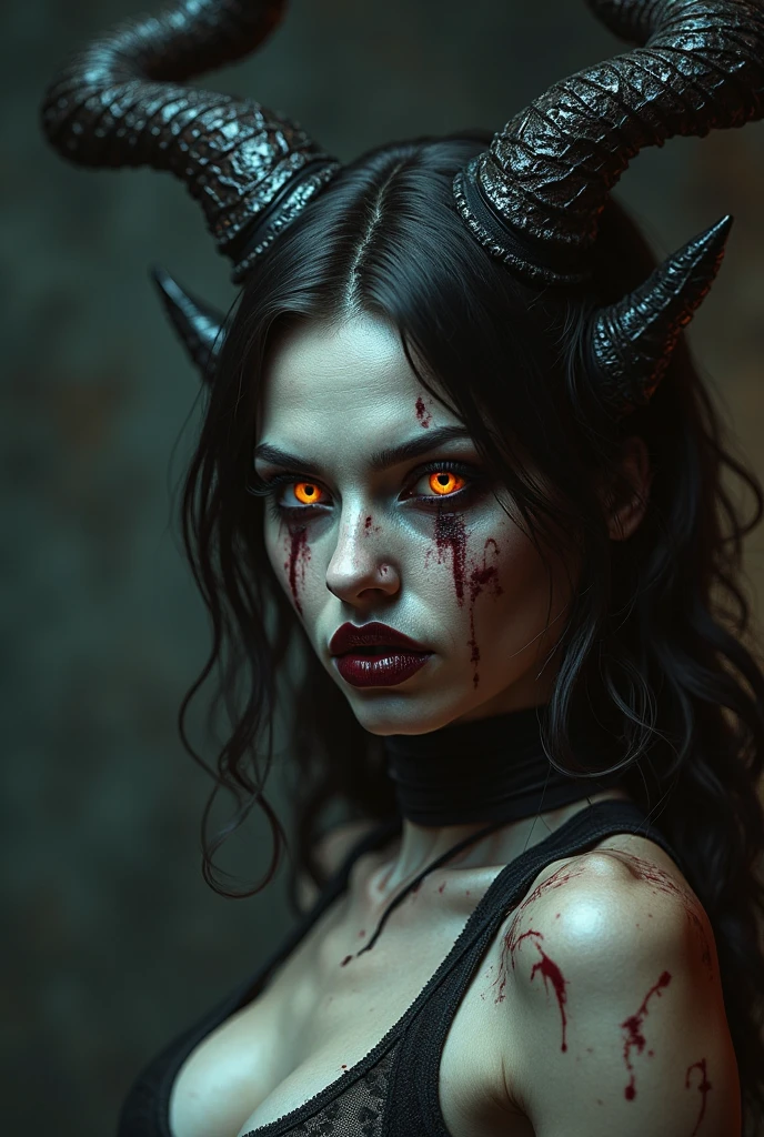 girl incubus sucub view face from side angry look fiery eyes visible horns on head curvy lips mouth covered in blood high quality photorealistic