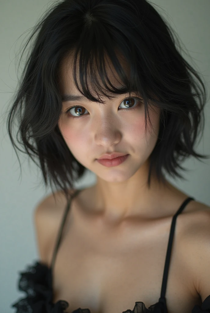 adolescent, short hair, black fur, little brunette, black underwear, 18 years