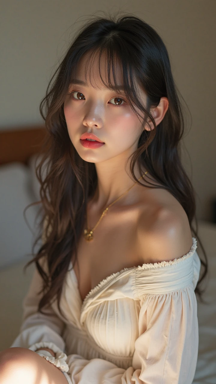 (((best quality))), (((ultra detailed))), (((masterpiece))), illustration,a beautiful girl,solo,slim,thin,messy hair,shoulder length straight bob hair,Dark Circles,Eyes bloodshot,(sad expression:1.3),flat chest,sitting on the bed,in a bedroom,halter lace nightgown, deep in thought, dimly lit room, soft glow of a digital clock, dark curtains, seclusion and introspection, disheveled hair, shadowed eyes, sleeplessness, delicate features, fragile beauty, pale skin, rouge on cheeks, heavy atmosphere, silence, soft hum of a refrigerator, woman's expression of deep contemplation, searching eyes, capturing the essence of struggle, vulnerability,(dark night scene:1.3),spread legs apart,arms behind back