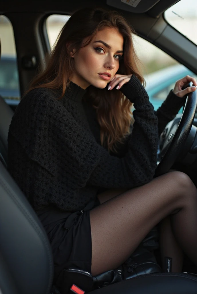 25-year-old girl ,girl with long red hair, short skirt, black tights, place on a worn-out chair in the garage, a BMW is standing behind her, close-up of the legs