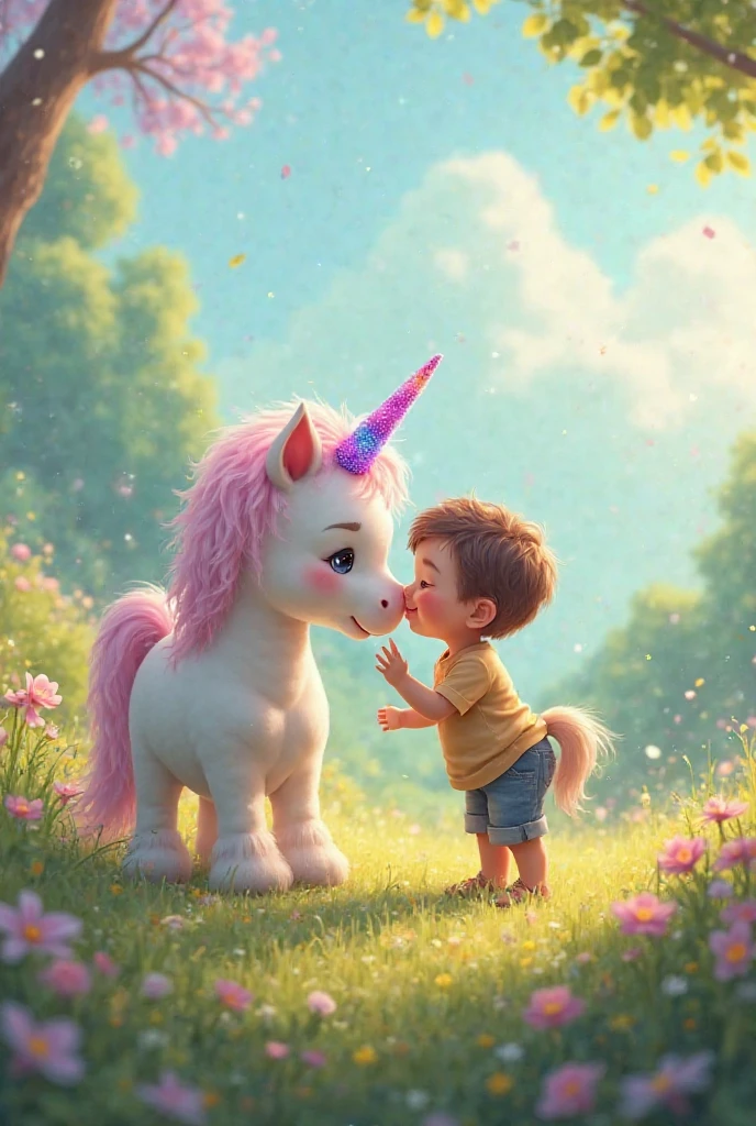 A drawing for a magical tale of a little baby, of Brown hair, who plays with a unicorn. May you have a unicorn and a forest full of colors