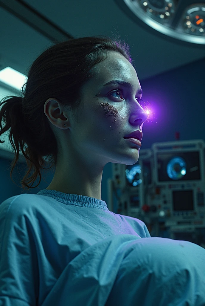 a slightly worried girl lies on a bed in the operating room in latex leggings