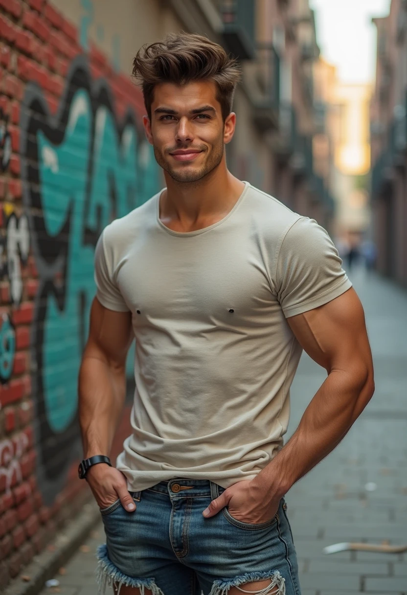 generate a master photograph describing a shapely Man, a full-body shot of a male fitness model dressed in a stylish, casual outfit suitable for a city day out, (8K, best quality), smile, brown hair, black hair, (hard chest, six pack, v cut), wearing a trendy bomber jacket, fitted dark jeans, and fashionable sneakers, standing in front of an urban backdrop, such as a brick wall or a modern building, (He has sexy hard chest, Most sexy v-cut , Most sexy six pack), Manly, Mancore, (He has fit chest, sexy six pack, sexy v-cut, extremely sexy hips), (asian skin, glistening skin, beautiful complexion), shot on Fujifilm superia, (Studio soft light, high detail, cinematic lighting, rim lighting), Style: (hyperrealistic, by DynastySeries FashionNova, photo, {{{masterpiece photography}}}, analog photograph, professional fashion photoshoot, trending on artstation, synthwave, krrrsty), Quality: (photographed, masterpiece, highest resolution), Definition: (highres, sharp focus, 8k uhd, ultra photo-realistic resolution), Film: (80 mm, shot on portra 120, shot on Fujifilm), Resolution: (extremely detailed, (sharp focus:1.5), cinematic lighting, dramatic lighting, ultra photo-realistic), luxury: