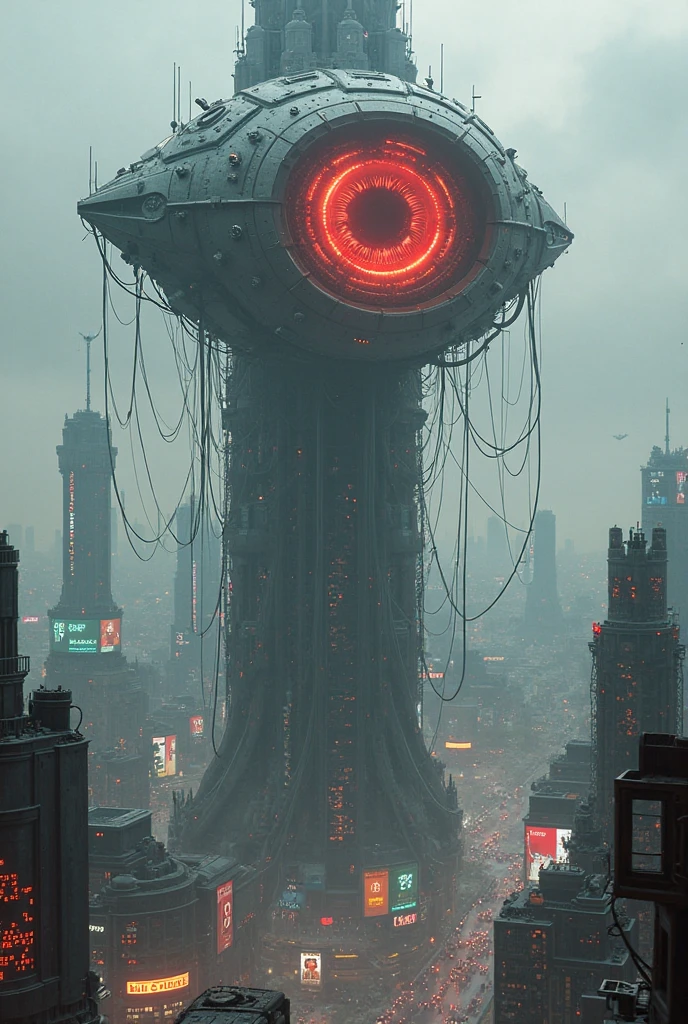 A sci-fi reimagining of the Eye of Sauron, towering over a sprawling dystopian metropolis. Hovering  on top a massive skyscraper, a floating colossal cybernetic eye looms, its structure composed of overlapping mechanical lenses that continuously adjust and rotate with a soft mechanical whir. The red-lit rings of the iris pulses ominously, its mechanical innards move as the eye scans the city below with an artificial intelligence far beyond human comprehension.
Many thick, serpentine cables extend from the back of the eye, sprawling like tendrils over the building’s jagged architecture, connecting it to an unseen network of surveillance and control. The building itself is a monolithic, cold steel structure, covered in antennae, glowing data nodes, and surveillance drones that hover around it like obedient sentinels.
Below, the dystopian cityscape stretches into the distance—towering neon-lit megastructures, congested skyways filled with flying vehicles, and massive digital billboards flickering with propaganda. A permanent haze of pollution and rain shrouds the lower levels, where the streets are lined with holographic signs, tangled cables, and cybernetic citizens navigating the oppressive urban sprawl. The Eye, ever-watchful, glows like a digital overlord, its piercing red gaze reflecting in the puddles and glass facades of the cyberpunk metropolis.