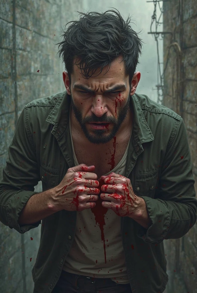 A man hanging out in a dangerous room biting him on his own hand with a wound body and the blood blood drops from the body