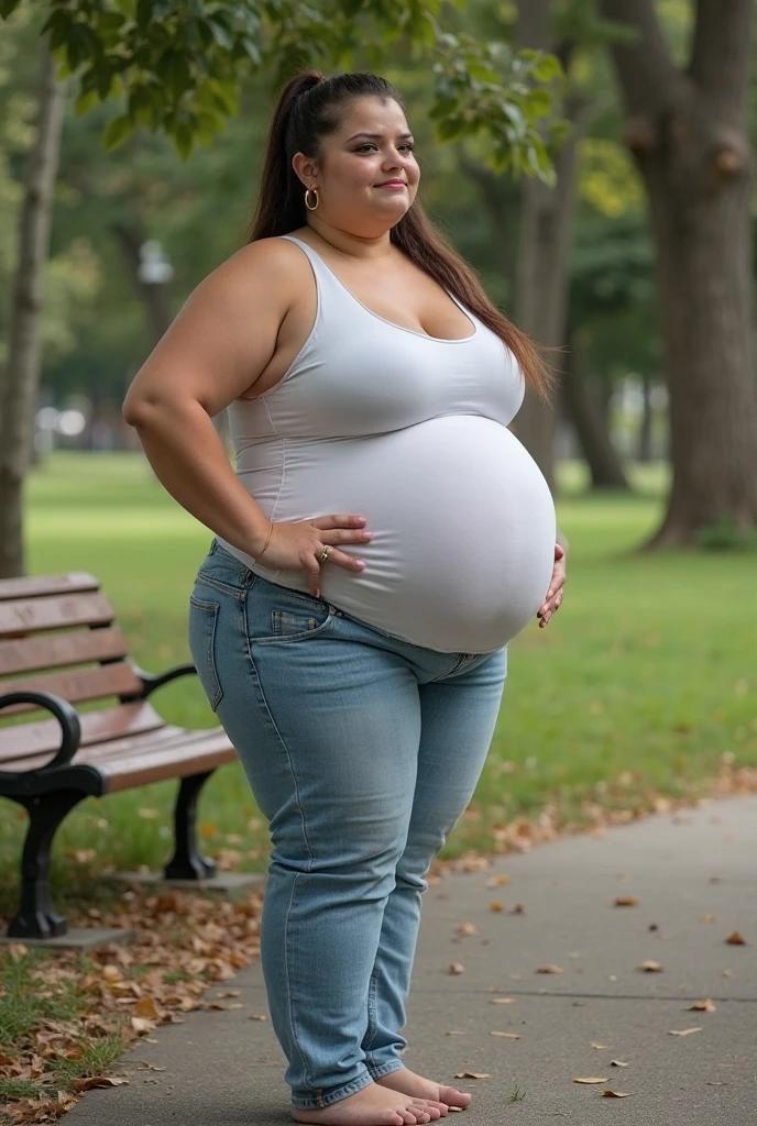 The light is dim,Wearing light blue skinny denim shorts,Red suit,Plump buttocks,Pear-shaped body, huge pregnant,fully body photo,Gray brick walls,In the moonlit alleys at night,With black sunglasses,Classic art photographs,with details,There are close-ups,