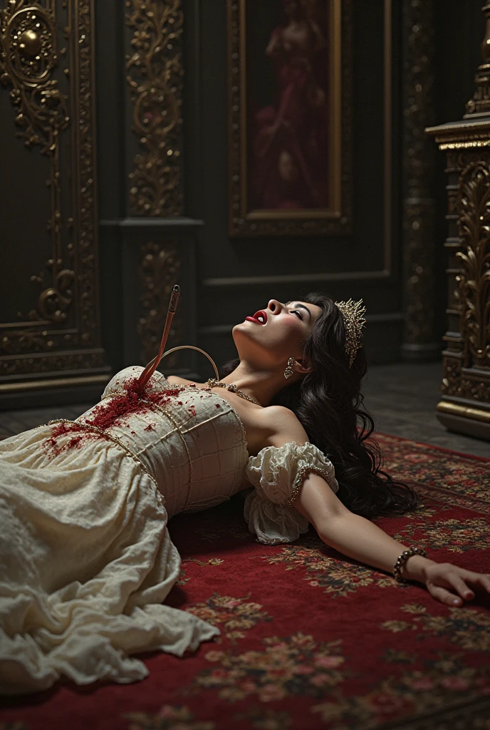 (best quality,8k,masterpiece,gore:1.2), medieval,ultra-detailed,oil painting,hyper realistic,expressive brushstrokes, Crowned female queen with large bust kneeling, looks like Salma Hayek, bloody barbarian man slits her throat with knife from behind her, bleeding, bloodied neck, dramatic lighting,chiaroscuro,dark moody atmosphere,gritty,gore,cinematic, (bloody throat slit:1.3), bloodstained breasts , close up