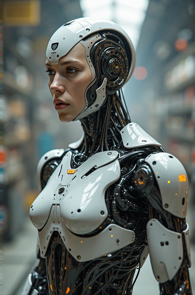 Young woman, biomechanical, wites, hoses, sultry, mechanization, robot joints, robotic parts, cybernetic skin A bald cyborg Emma Watson, with loose wires, metallic skin, hoses, exposed torso, androidperson, mark brooks, david mann, robot brain, made of steel, hyperrealism, post-apocalyptic, mechanical parts, joints, mecha, j_sci-fi