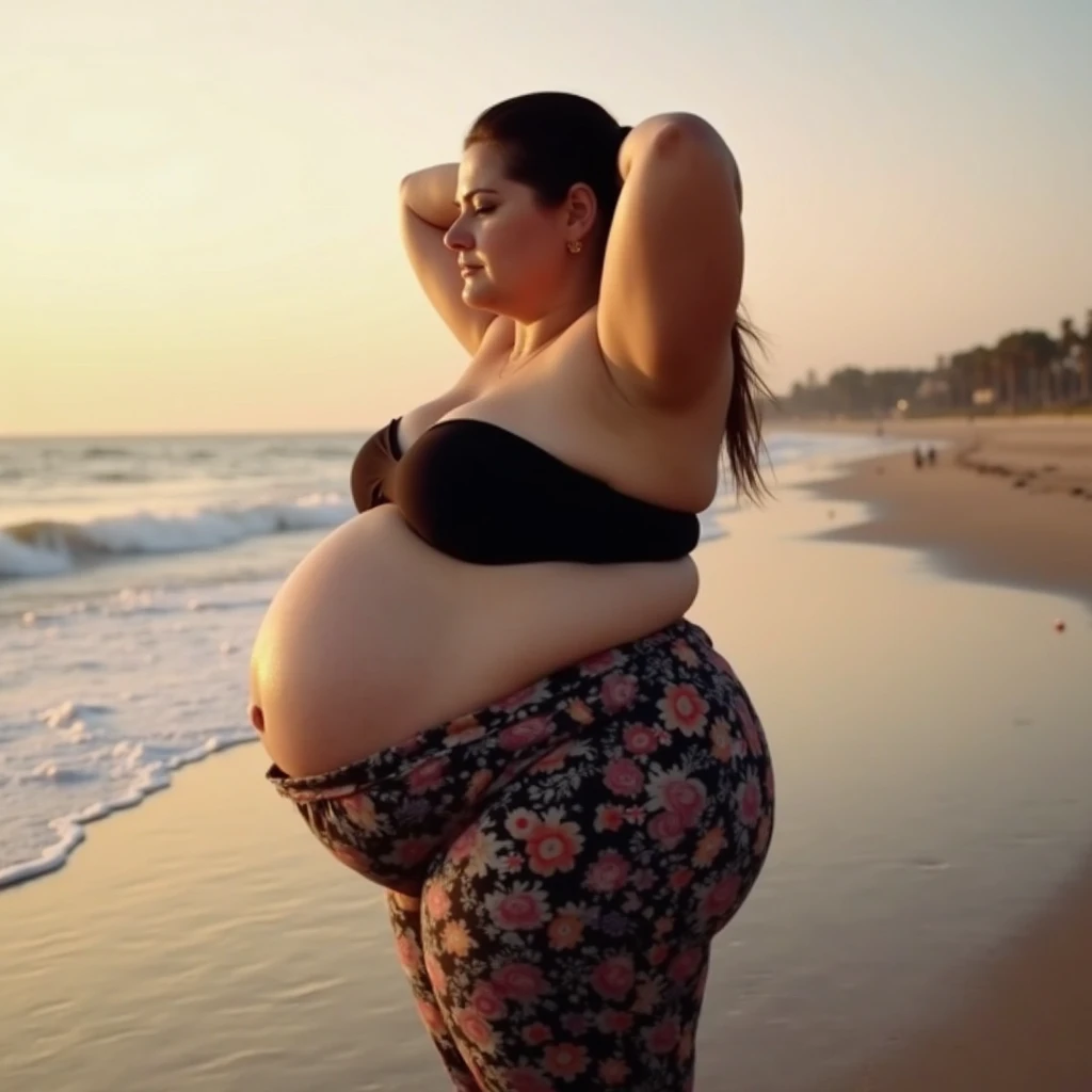 Food contest, eating fast food, Fat pregnant Salma Hayek, long hair, eyeshadow, blushed, big cheeks, bikini, Big lips, double chin, chubby body,bbw, morbidly obese, fat rolls, pregnant belly, weight gain,