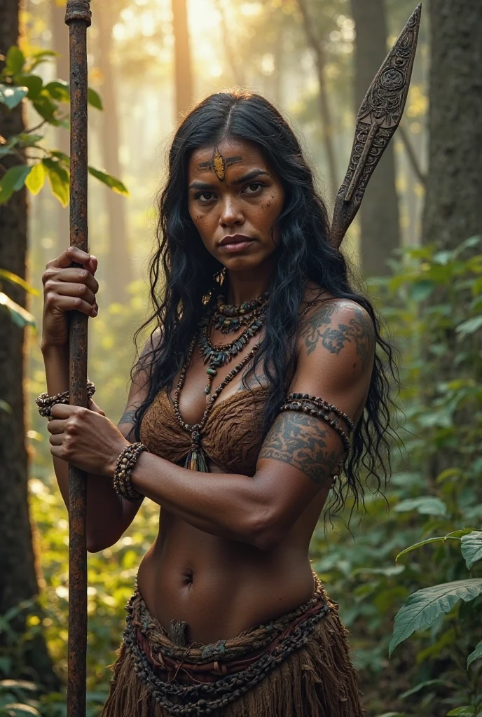 She is a very thin cavewoman who holds in her hand a wooden spear with a sharp stone tip. The cavewoman does not wear anything on his torso, he does not wear anything made of metal, only animal skin, she is a primitive beautiful woman.
