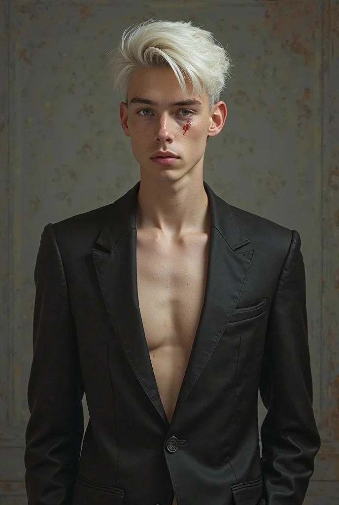 Create a thin but defined white-haired male albino with a red tattoo and an almost imperceptible horn, wearing an open-top jacket 