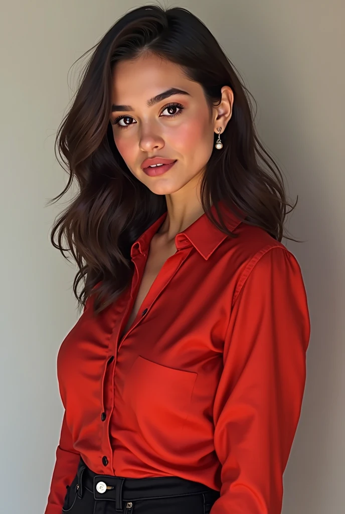 Sophia Bennett, seated, in a tight red beautiful dress