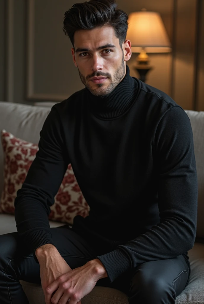 Realistic photo of a sensual man wearing a transparent skin-colored sweater highlighting his member between his legs. 