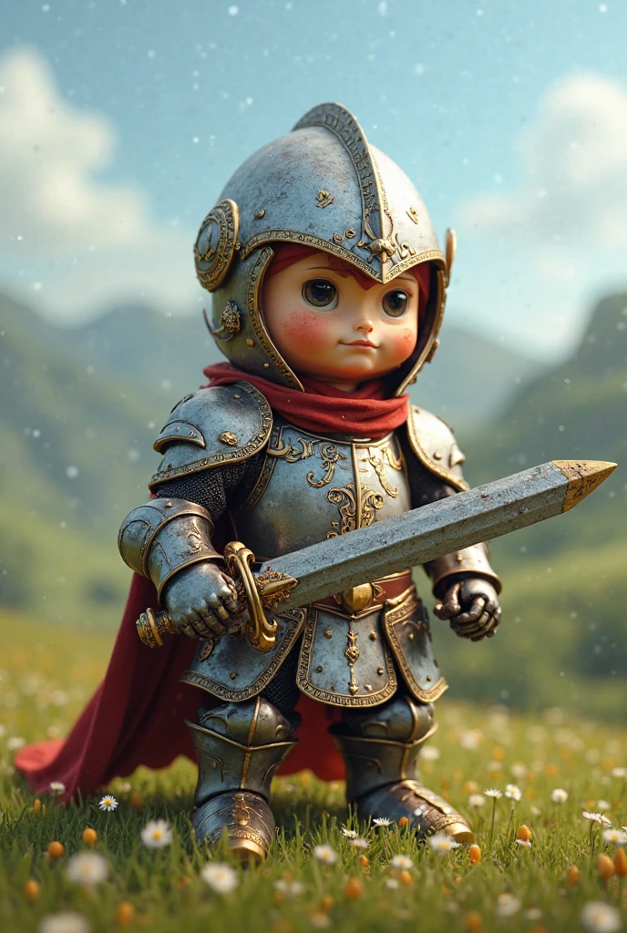 Isometric cute baby knight, holding a tiny sword and shield, solid background