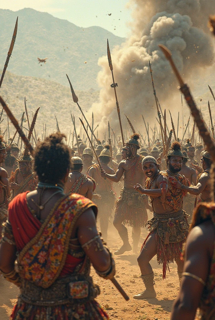 More than 100 indigenous soldiers fight, on a plain.