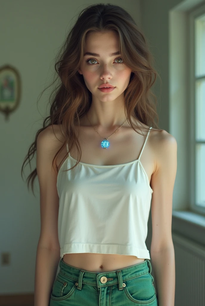 "(best qualityer,high resolution,work of art:1.2),LnF ,  pale teen girl,face detailed,Long wavy hair,beautiful detailed eyes,beautiful detailed lips,tight white tank,neckleace,Delicate features,soft skin,slender figure,natural lighting,bright coloured,realisitic"