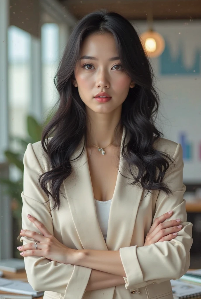 (Digital portrait is recommended+digital art portrait)A Chinese woman,White suit,Black silky hair, The skin color is the color of an Asian face,Detailed portraiture,Identity is corporate white-collar worker,Delicate my facial features,Delicate necklace,Exquisite jewelry,White or Chinese woman on background,Bright colors are required。