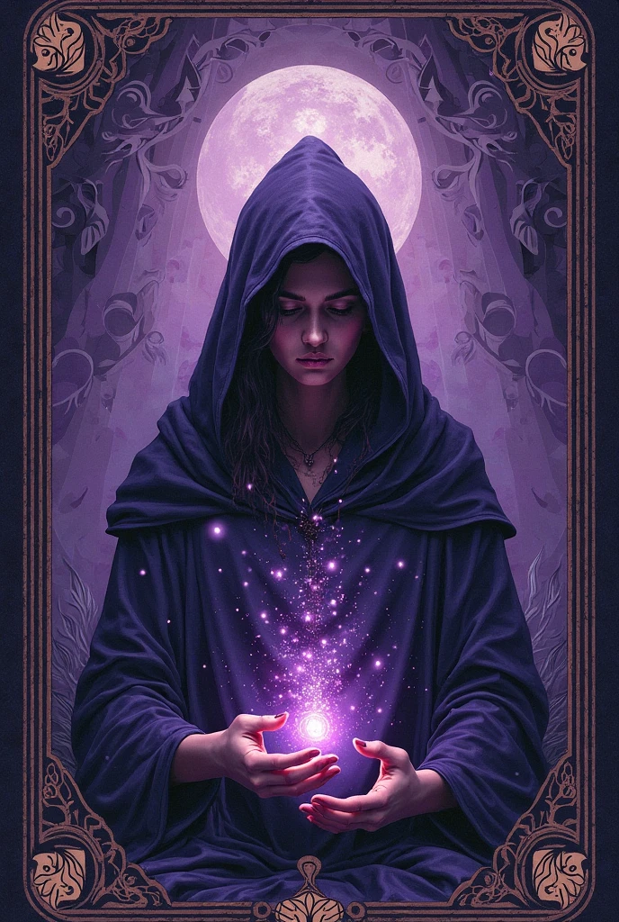 woman in violet priestess cloak holding violet candles, convey depth, in the background a cupboard with various aromatic herbs,