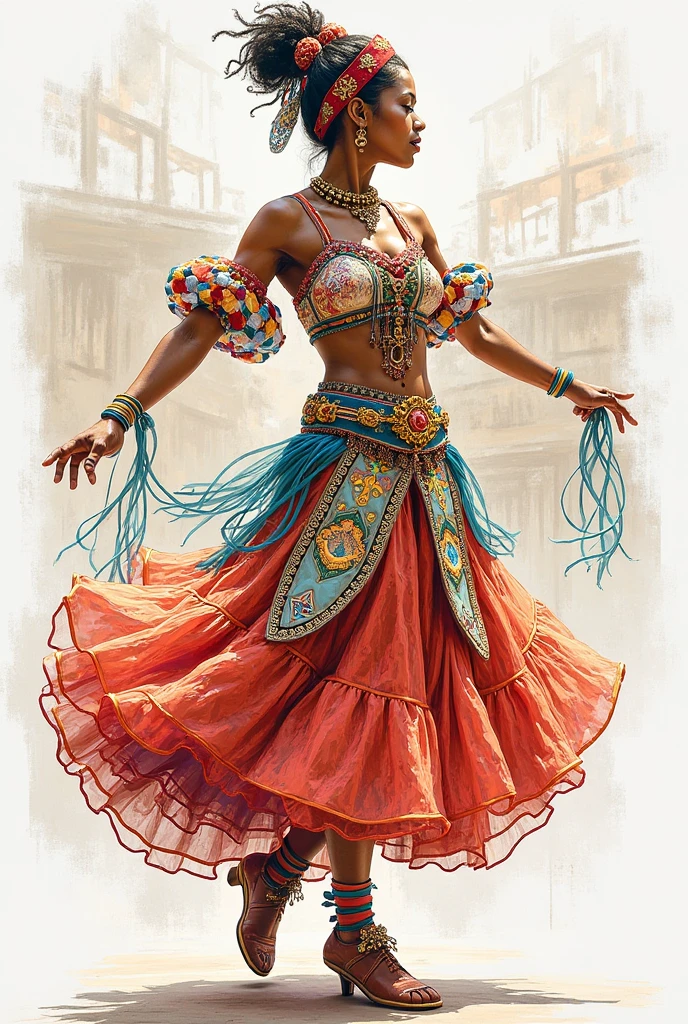A cultural outfit from Brazil similar to some Dior clothes, model in drawing on paper, stylist with colors