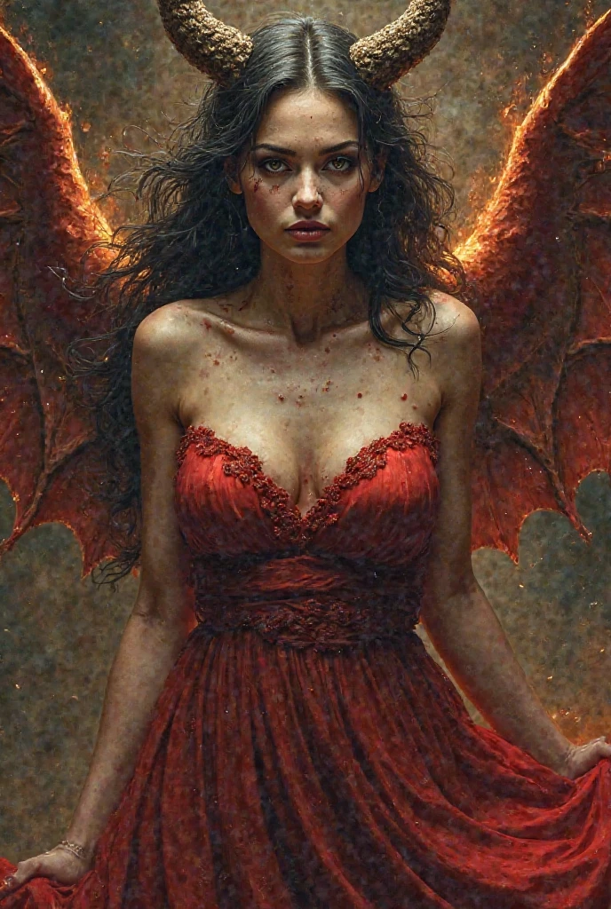 woman in red dress and red color, holding her red son and wings and horn