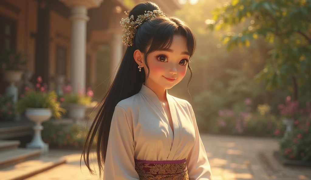 (Individual view) Fine art s silk dress) wearing a long-haired princess.  Cartoon anime (oil painting) Burmese girl, 18 years old, Bagan Pagoda view, clear background Hd 8k