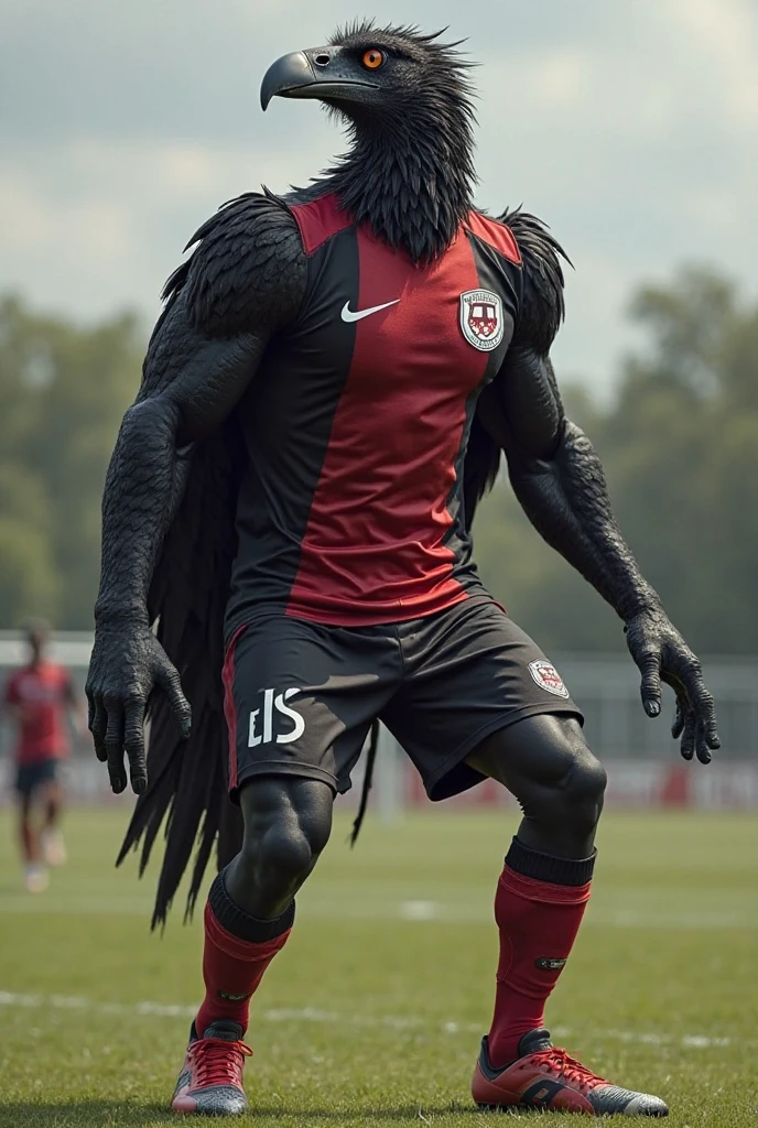 An anthropomorphic bodybuilder vulture, jogador de futebol, vermelho e preto Celtic Fc uniforme, in stadium, melhor qualidade, ultra realista, detalhadofile:///G:/Imagens/Andr%C3%A9/Sem%20t%C3%ADtulo.png