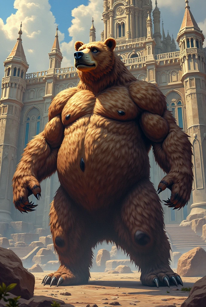 furry, fur taur, beartaur, middle-age, solo, detailed face, bear ears, bear eyes(brown), bear nose(black), bear mouth, garibaldi beard(grey), mature hair(grey), detailed arms, thick arms, muscular, thick hands(5 fingers), detailed body belly, thick body, muscle belly(white), thick chest, chest hair(grey), detailed taur body, thick taur body, thick bear paws, thick bear tail, full body shot, standing in the library