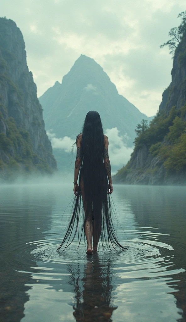 ethereal shot, abstract, black and white, (waterfall:1.3) on black background <lora:verylonghairv2:1.0> waterfall of very long hair, misty, long exposure, ultrawide ansel smith photography, tiny woman from behind with( very long hair:1.1)