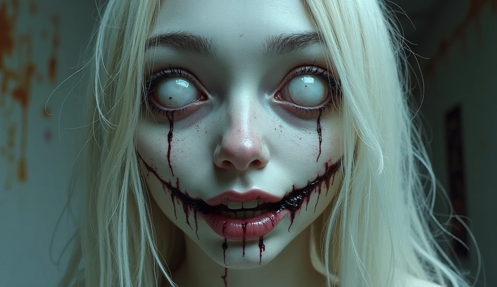 An albino girl with white long hair and blue eyes and a big scar like a cheshire cat smile that goes from under her left eye to her right arm,passing above her lips.