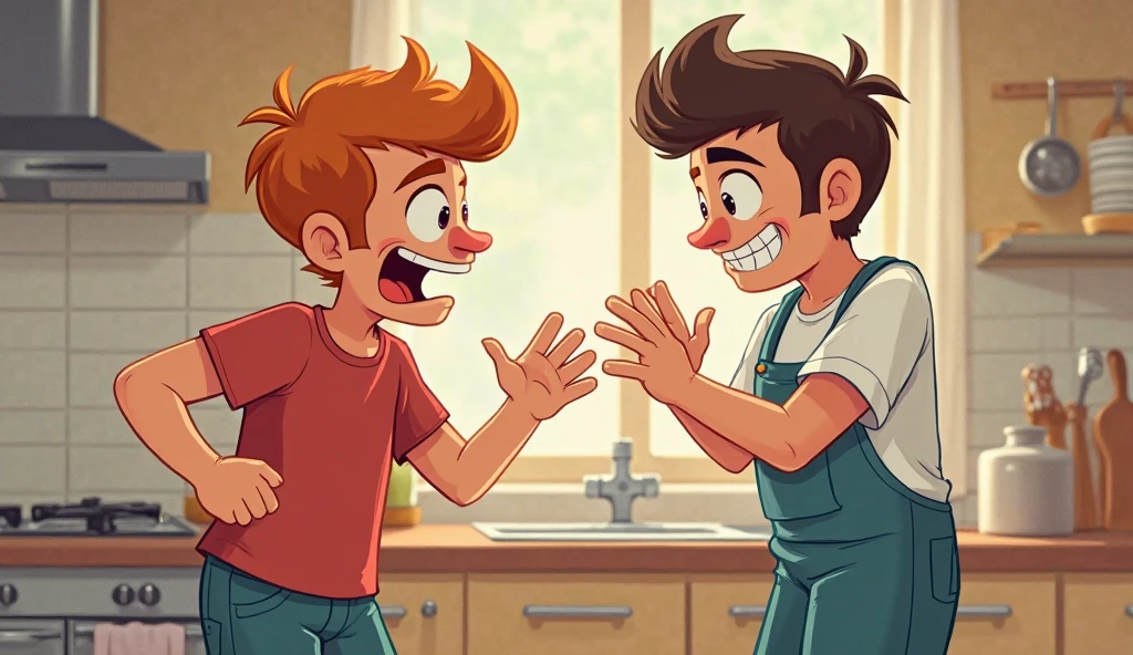 Situation: A child or teenager arguing with one of his parents. The scene shows the child raising his voice or having a defiant posture (closed fists, Crossed arms) while an adult (the father or the mother) try to talk to him. Image for children