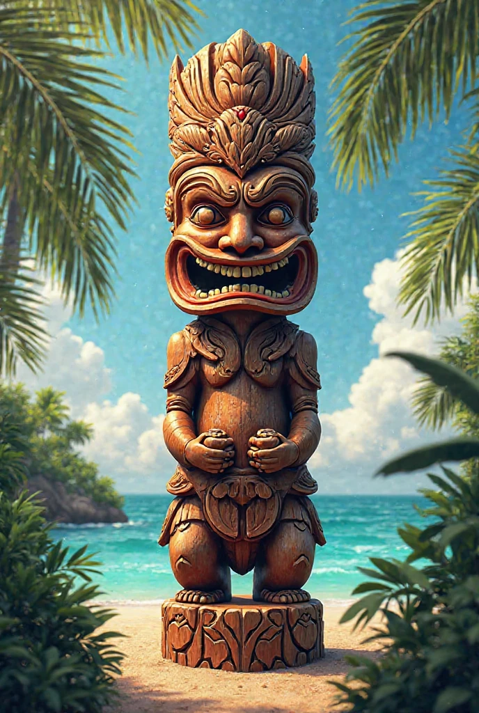 NSFW (nude) (male tiki with large penis) full body, standing on a deserted beach