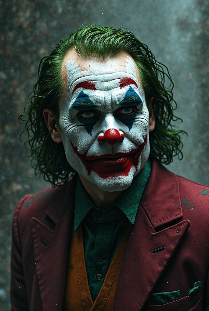 White distorted face,purple formal coat,Orange vest,Green hair,William Dafoe playing the joker