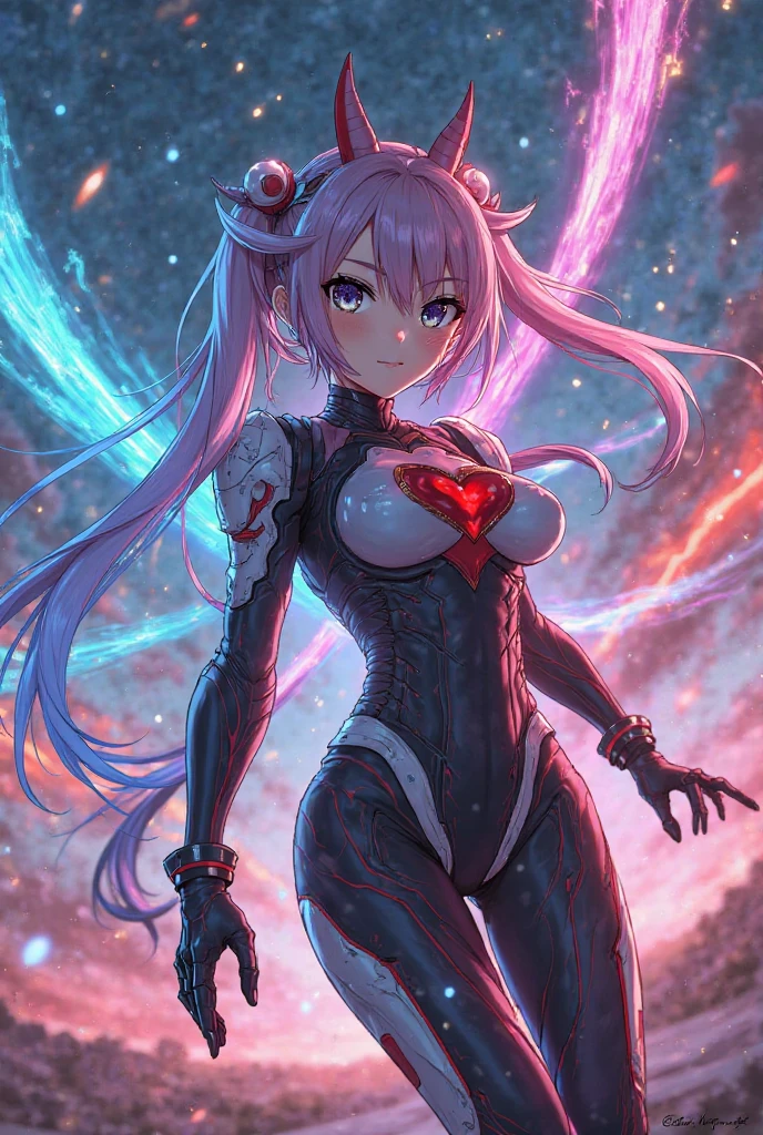 1 tall cyborg woman. Axolotl themed colors. Axolotl frills. Pink hair. blue eyes. Tall. Cybernetic limbs. Normal human torso and head. Looking down at her own body. Frightened. 