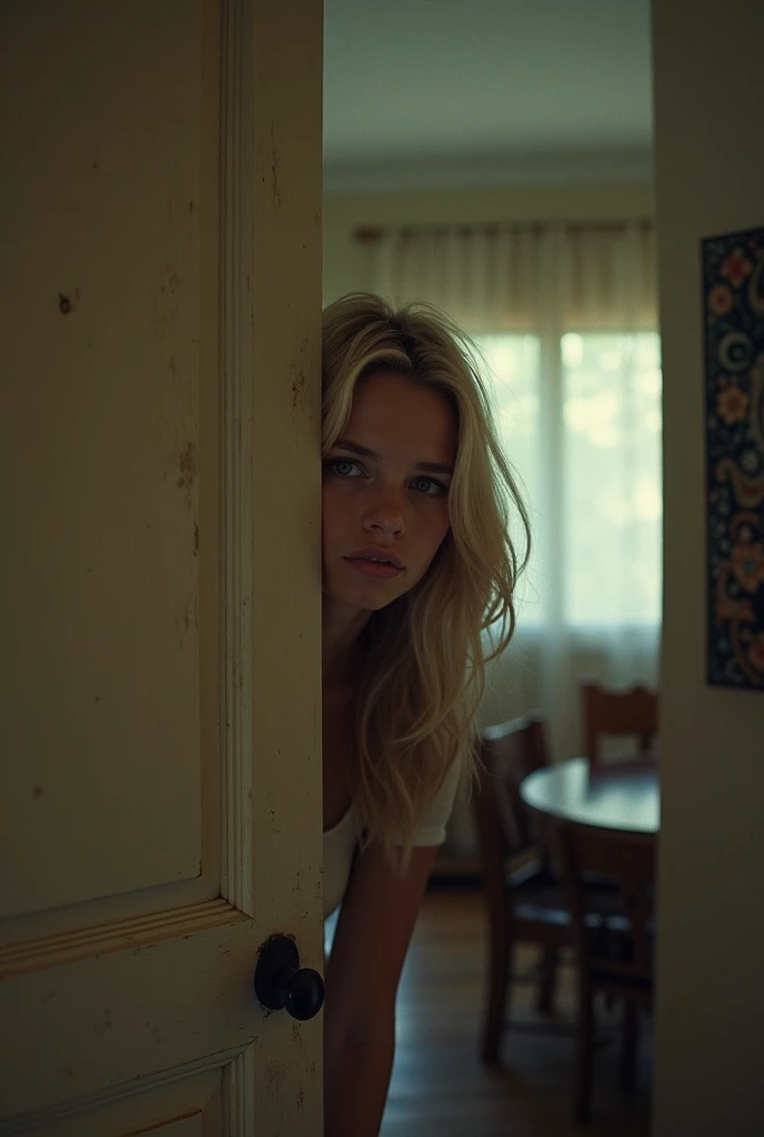 Gorgeous woman, green eyes, messy bun blonde, t-shirt, jeans, socks, wedding ring, suitcase on the bed, clothes, lingerie, dark, night, in bedroom