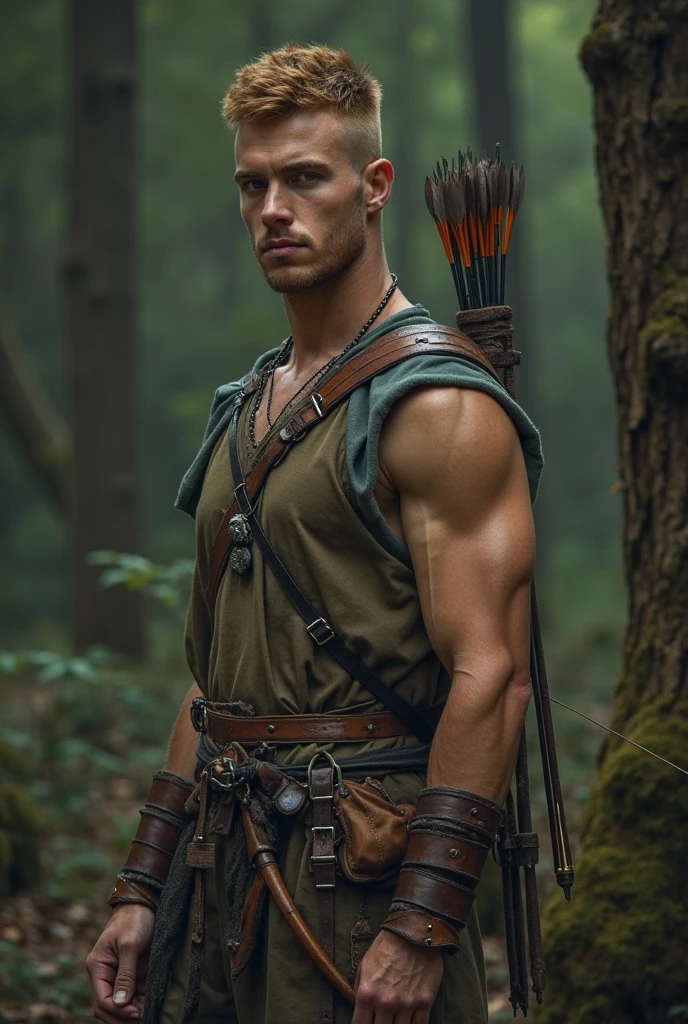 Man elf, handsome,Britisher, elf ears,short hair,Linen Whitegold hair color ,,sport body, big muscle, Handsome face,flawless white skin, cute, pointed ears, wood elf, bowman, pull the bow, pull the bow, shooting bow, action pose, arrows, quiver, leather belt, chest guard, arm guard, shirtless, boots, full body,(Absurdres, intricate details, masterpiece, best quality, high resolution, 8k),(18 year old boy ,(pleased, pleasure face , blush, horny smirk, forest background, big bulge, nsfw, see through,big bulge and big butts,(Best quality, 8k, Masterpiece).,Smiling face, good mood.highest detail, superior quality, natural lighting, beautiful, sexy, correct anatomy, good composition,realistic shapes, realistic skin tones,Natural eyes,realistic eyes,looking up at viewer,vpl,realistic muscles,Realistic wrinkles on the skin,Realistic arms and legs,Realistic face,realistic hair,Make a sexy and seductive face, man focus,amazing composition, front view, HDR, volumetric lighting, ultra quality, elegant,Post a erotic photoshoot,Realistic pose,detailed hair,full body,Fujifilm XT3 photorealistic art by midjourney
