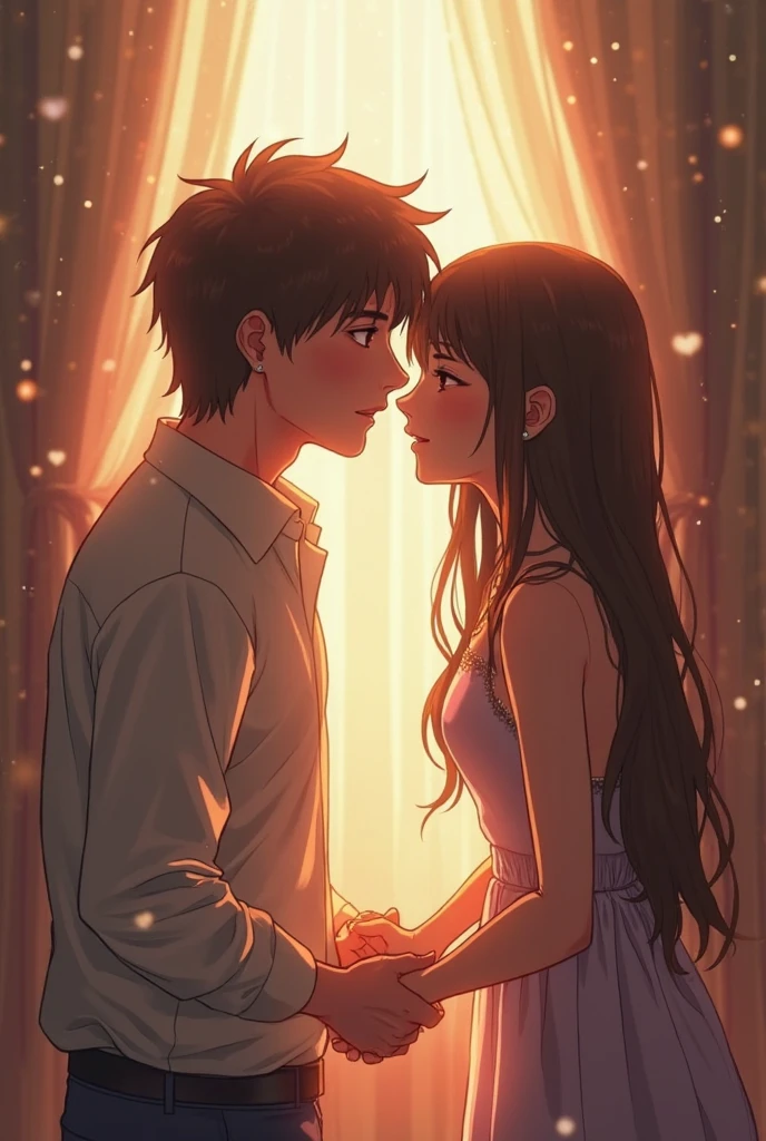Youth, first love, secret love, shy, high school couple, at school, holding hands, high definition, anime style mature
