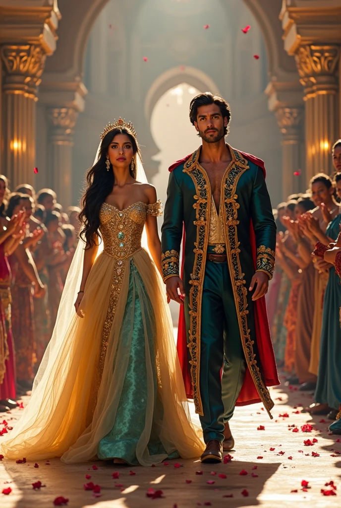 full body, fantasy illustration of a tanned Latina princess with brown eyes, princess in peach dress, princess wearing peach colored, princess has brown eyes, prince has hazel-green eyes, prince with hazel-green eyes, princess with black hair, black-haired princess, prince wearing red, prince with light brown hair, ethereal, detailed background, highres, romantic, realism, love, intricate details, magical atmosphere, kissing, romantic couple, fantasy, elegant, royal