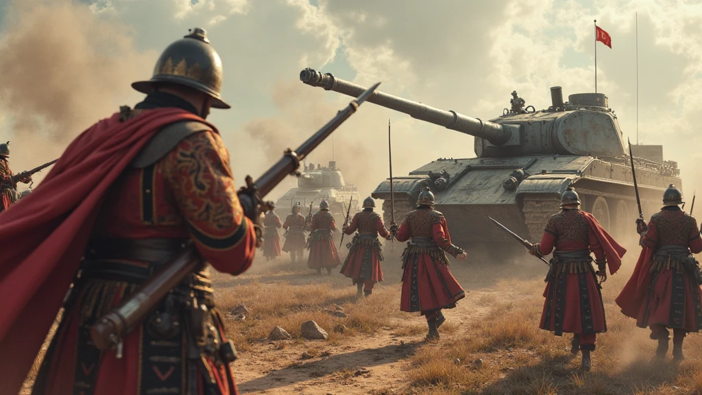 asian looking mongolian guys with no beard  in mongolian clothes binding up fully all over athe soviet tank too much with so many ropes near the old mongolian monastry