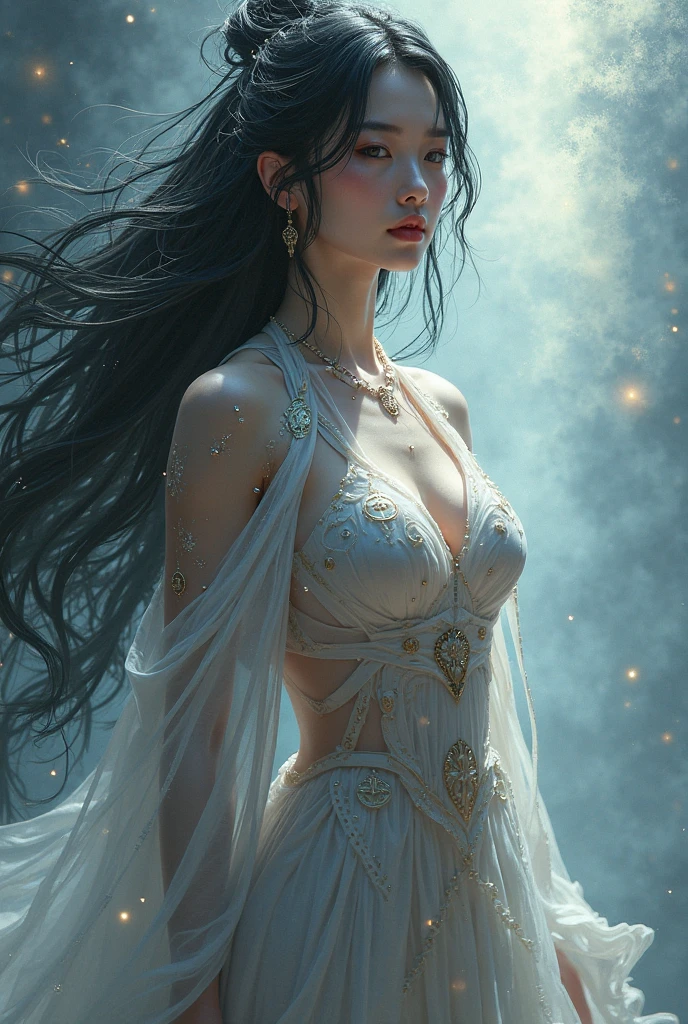 A captivating abstract painting of a bohemian woman, capturing her ethereal essence. Her long, brunette hair is styled in a mesmerizing updo, falling in loose waves around her face. She dons a sheer, flowing white dress adorned with intricate details that shimmer in the light, catching the viewer's eye, the transparent of the dress show the curves of her body, specially her breasts. Her face, illuminated by a soft, warm glow, exudes a dreamy, enigmatic aura. The vibrant, abstract background, a blend of daring colors and shapes, showcases the artist's distinctive and imaginative style, creating a captivating and otherworldly atmosphere., painting, illustration