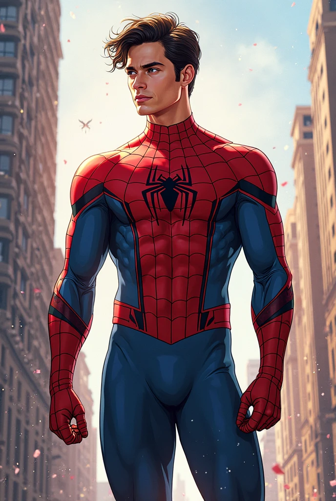 Spider-Man standing for 30 years、、Muscular、Short Hair、Emphasis on the crotch、Angle from below、Overall a dark and mysterious atmosphere、Detailed facial expressions、(masterpiece),Highest quality,Excellent anatomy、((Upper body naked))、The background is the night view of New York、（((Emphasis on the crotch))）